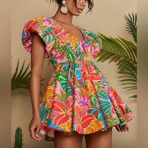 Tropical print Floral Puff Sleeve Dress